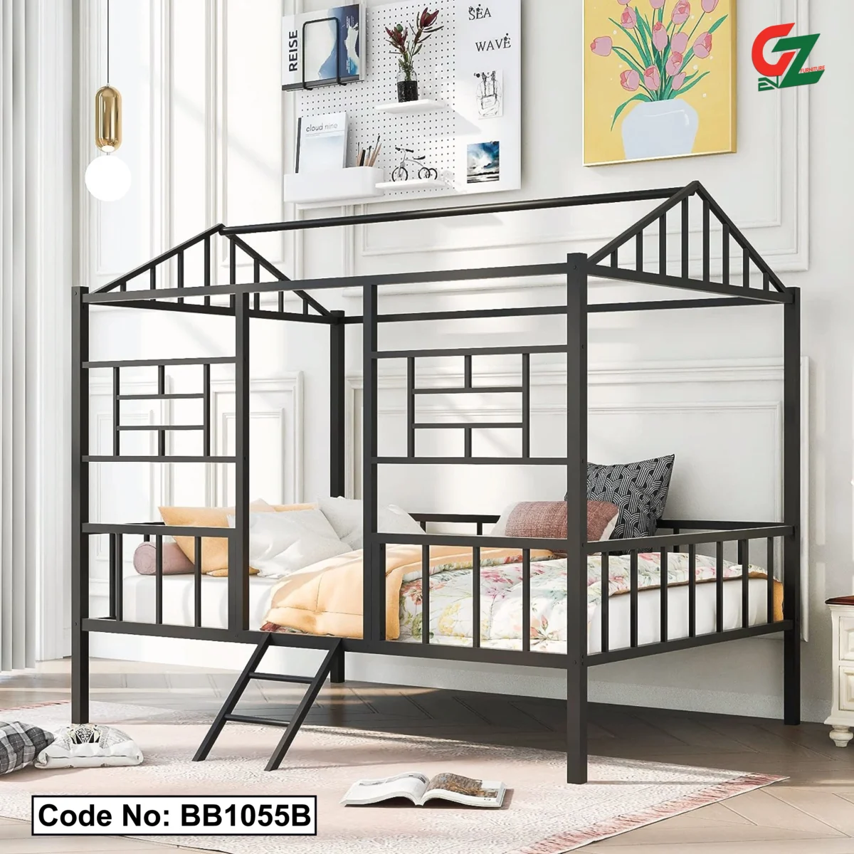 Twin House Metal Cabin bunk Bed Frame with Ladder